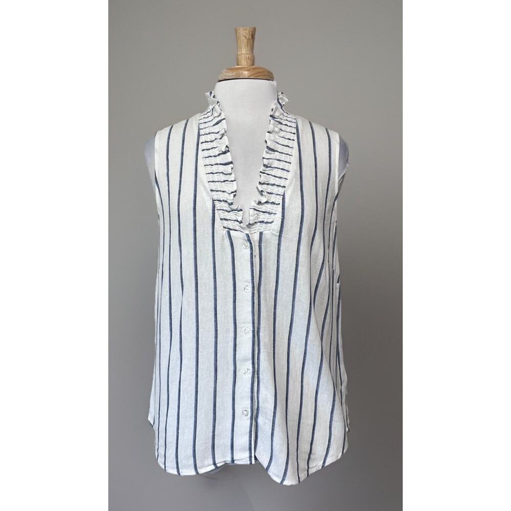 Ellen Tracy Womens M White Blue Stripe Ruffle V-Neck Sleeveless Top Linen Blend